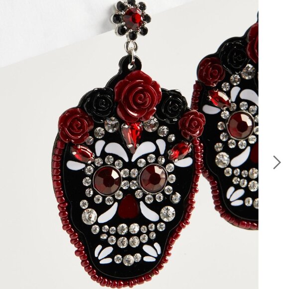 TORRID Sugar Skull Earrings Black Red Rhinestones Roses Floral NEW - Picture 2 of 2